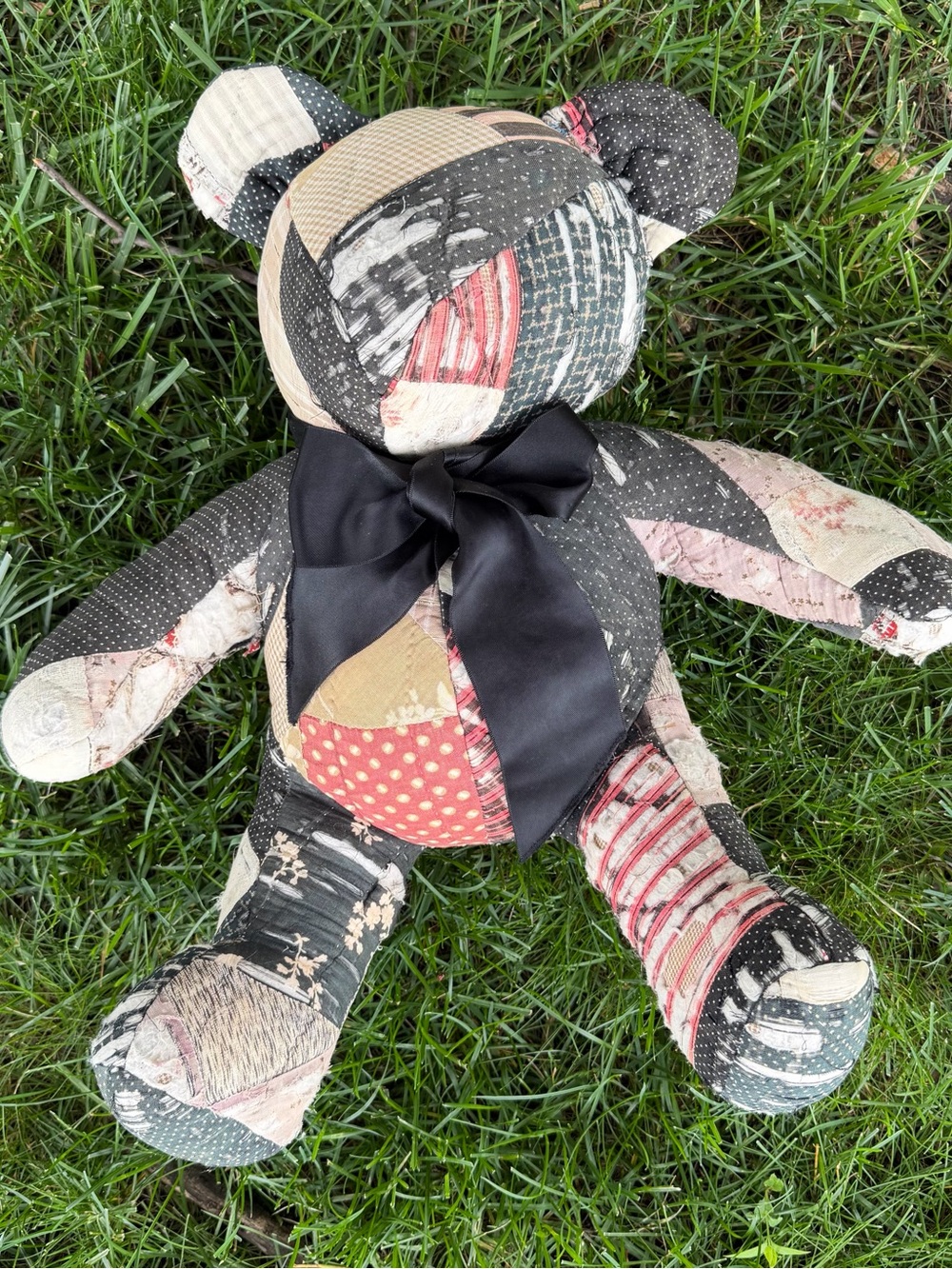 Vintage Patchwork Quilt Plush Teddy Bear - Multi-Color Primitive Folk Art